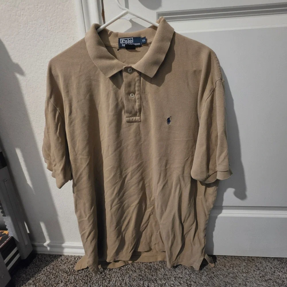 Polo Ralph Lauren Mens XL Tan Short Sleeve Piqué Polo Shirt Blue Pony Logo